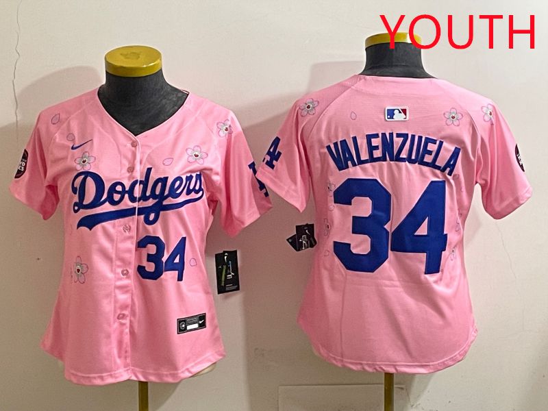 Youth Los Angeles Dodgers 34 Valenzuela Pink Sakura Edition 2025 Nike MLB Jersey style 33